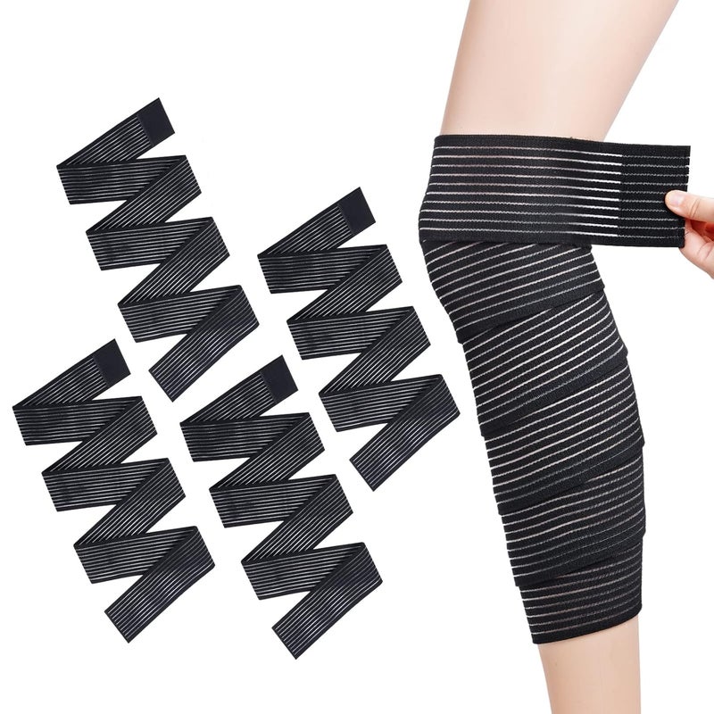Rbenxia 4 Pieces of Black Elastic Calf Compression Bandage Adjustable Leg Compression Sleeve Knee Wraps Brace Support Bands for Stabilising Ligament, Joint Pain, Sport (180 cm) - Image 1